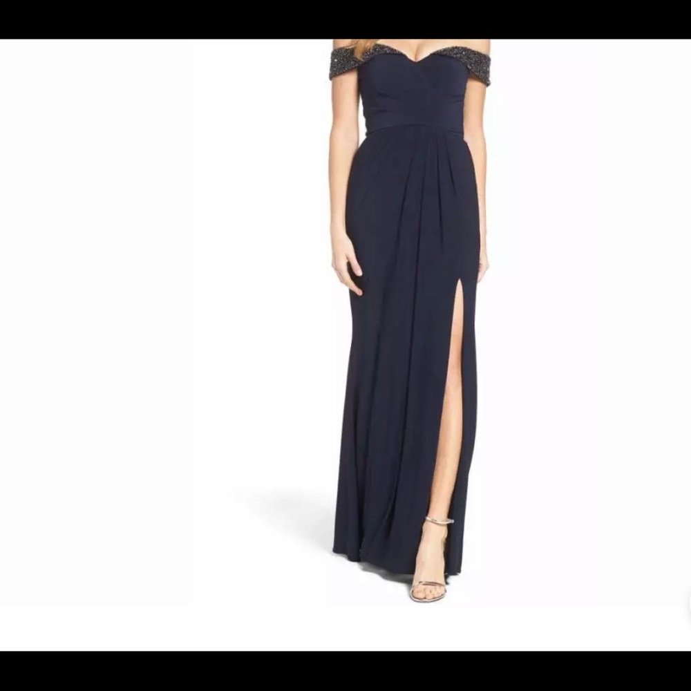 Navy off the shoulder beaded gown - prom dress